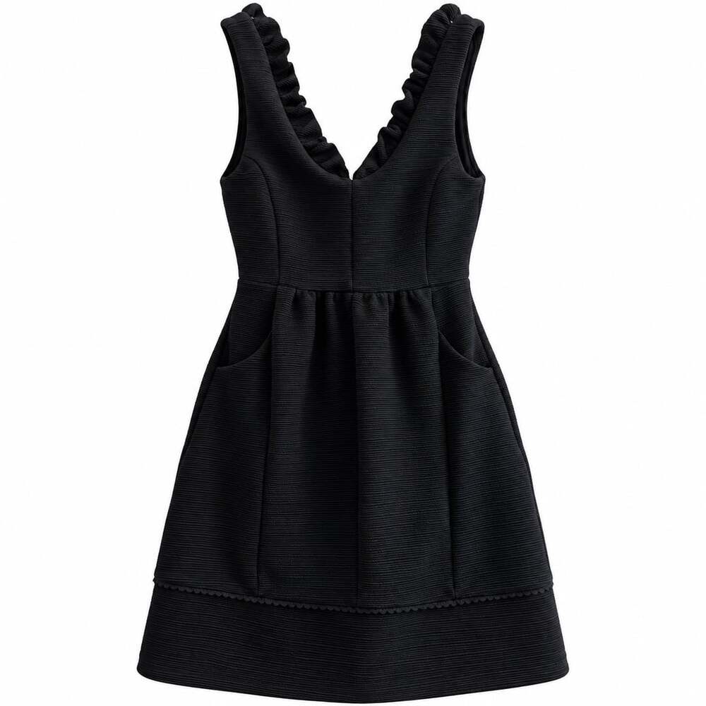 Anthropologie Maeve Ruffled Ottoman Mini Dress Black Size Small Pockets